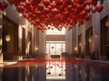 The interior of an elegant house floats red balloons in the shape of hearts, scattered rose petals on loor. Heart as a symbol Royalty Free Stock Photo