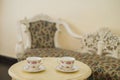 Interior of an elegant room decorated with a vintage couch in front of two elaborate teacups