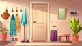 Interior elements of a Cartoon home hallway entrance door with suitcase, coat rack, shoes, umbrella, pouf and mirror Royalty Free Stock Photo