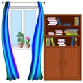 853 interior, interior elements, window with curtains and a cabinet with books