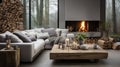 Scandinavian Serenity: Fireplace, Wooden Logs Coffee Table, and Gray Sofa in Modern Living Room