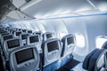 Interior of an empty airplane. View from the back of the plane