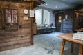 Interior of empty bathroom in illuminated vintage hotel