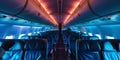 Interior empty cabin of a passenger civil aircraft, illuminated at night. Generative AI Royalty Free Stock Photo