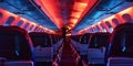 Interior empty cabin of a passenger civil aircraft, illuminated at night. Generative AI Royalty Free Stock Photo