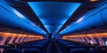 Interior empty cabin of a passenger civil aircraft, illuminated at night. Generative AI Royalty Free Stock Photo