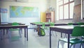 Interior of an empty classroom with benches, green chairs. Royalty Free Stock Photo