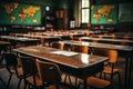 Interior of an empty classroom with wooden chairs Royalty Free Stock Photo