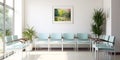 Interior of empty hospital hallway or waiting room with blue chairs standing in rows Royalty Free Stock Photo