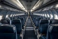Interior of an empty modern airplane cabin in blue color, Generative AI Royalty Free Stock Photo