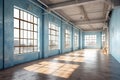 Interior of empty modern exhibition hall with large windows and concrete floor. Generative AI Royalty Free Stock Photo