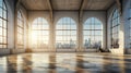 Interior of empty modern luxury open space area for office or apartment. Hardwood floor, white walls, concrete ceiling Royalty Free Stock Photo