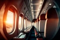 Interior of an empty passenger airplane in the air. Empty passenger airplane seats. Royalty Free Stock Photo