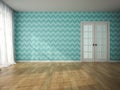Interior of empty room with blue wallpaper and door 3D rendering Royalty Free Stock Photo