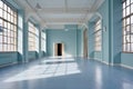 Interior of an empty room with blue walls and white tiled floor. Modern exhibition hall in loft style. Generative AI Royalty Free Stock Photo