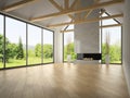 Interior empty room with rafters and fireplace 3D rendering 2 Royalty Free Stock Photo