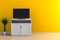 Interior of empty room with TV, Living room led tv on yellow wall with wooden table modern loft style Royalty Free Stock Photo