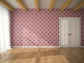 Interior of empty room with vinous wallpaper and door 3D renderi