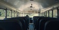 Interior empty school bus closeup. Rows seats inside safety public transport.