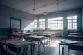 Interior of an empty school classroom with a blackboard, desks, chairs. Education and school concept in vintage ton. Generative AI Royalty Free Stock Photo