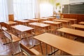 Interior of an empty school classroom. Concept of coronavirus COVID-19 quarantine in schools and educational Royalty Free Stock Photo