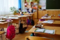 Interior of an empty school classroom. Concept of coronavirus COVID-19 quarantine in schools and educational institutions