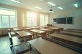 Interior of an empty school classroom. Concept of coronavirus COVID-19 quarantine in schools and educational institutions Royalty Free Stock Photo