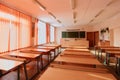 Interior of an empty school classroom. Concept of coronavirus COVID-19 quarantine in schools and educational institutions Royalty Free Stock Photo