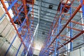 Interior of Empty Storage Warehouse. Racks Pallets Shelves. Metal Construction. Row of Tall Shelf in Distribution Storehouse