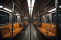 Interior of empty subway train wagon. Public transport. Generative AI Royalty Free Stock Photo