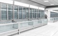 Interior empty supermarket with showcases freezer.