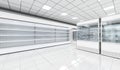 Interior empty supermarket with showcases freezer. Royalty Free Stock Photo