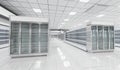 Interior empty supermarket with showcases freezer. Royalty Free Stock Photo