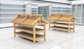 Interior empty supermarket with showcases freezer.