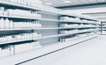 Interior empty supermarket with showcases freezer.