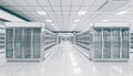 Interior empty supermarket with showcases freezer.