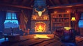 Interior of an empty wild west living room with western rustic style furniture. Cartoon modern fireplace with horns and