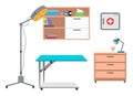 Interior equipment of medical office shelf with medicines table with stationery, surgical floor lamp