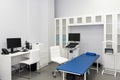 Interior of examination room with ultrasonography machine in hospital laboratory. Modern medical equipment background. Ultra Sound Royalty Free Stock Photo