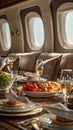 Interior of an executive corporate jet with elegance and luxury including first class food and beverages Royalty Free Stock Photo