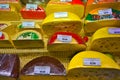 The interior of the famous Eliseevsky grocery store. A wide variety of cheeses