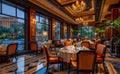The interior of fancy restaurant with view of the evening city Royalty Free Stock Photo