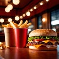 Interior of fast food restaurant dining area, with hamburger meal Royalty Free Stock Photo