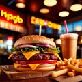 Interior of fast food restaurant dining area, with hamburger meal Royalty Free Stock Photo