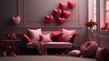 Interior of festive room decorated for Valentine's Day with air balloons Royalty Free Stock Photo