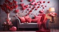 Interior of festive room decorated for Valentine's Day with air balloons Royalty Free Stock Photo