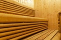 Interior of Finnish sauna. Classic wooden sauna. Finnish bathroom. Wooden sauna cabin. Wooden room. Sauna steam Royalty Free Stock Photo