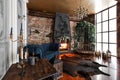 Interior with fireplace, candles, skin of cows, brick wall, large window and a metal cell of a loft, living room, coffee