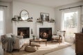 Interior with fireplace. Farmhouse style. Interior mockup. . Royalty Free Stock Photo