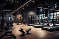 Interior of a fitness hall with gym equipment. 3d rendering, cool fitness gym, AI Generated